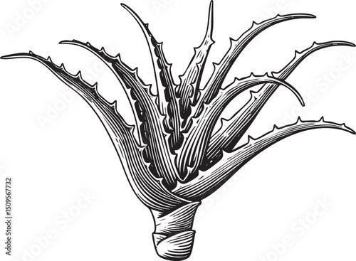 single aloe vera plant displays its spiky leaves against a stark white background.