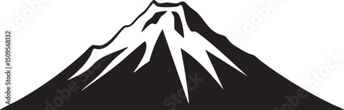 stark silhouetted mountain dominates a white backdrop.
