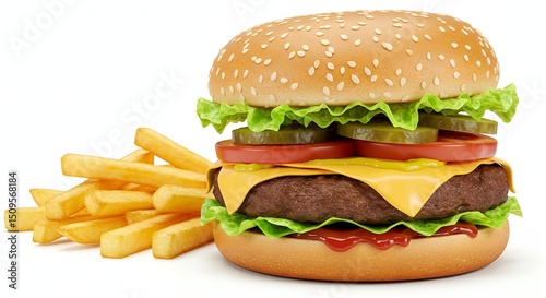 Classic beef cheeseburger with crisp lettuce, ripe tomatoes, pickles, and melted cheese, served with golden fries