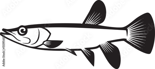 stylized black and white of a predatory fish swims gracefully through water.