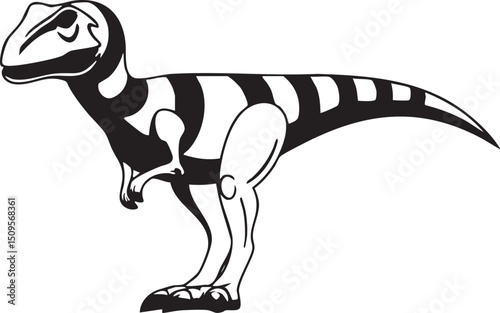 stylized black silhouette of a raptor dinosaur stands confidently.