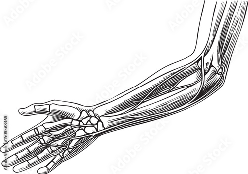 detailed black and white depicts a human arm with visible musculature.