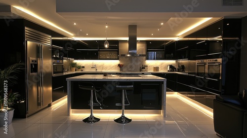Modern kitchen design with black cabinetry and warm lighting.
