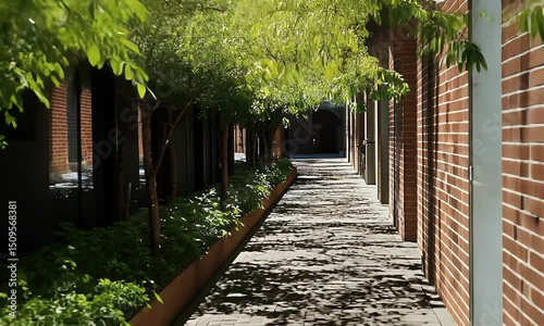 Lush Courtyard Pathway Between Brick Buildings with Sunlight Dappled Ground and Peaceful Scenery Under Clear Sunny