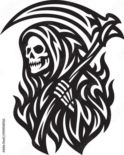 Grim reaper holding scythe, tribal ink vector art