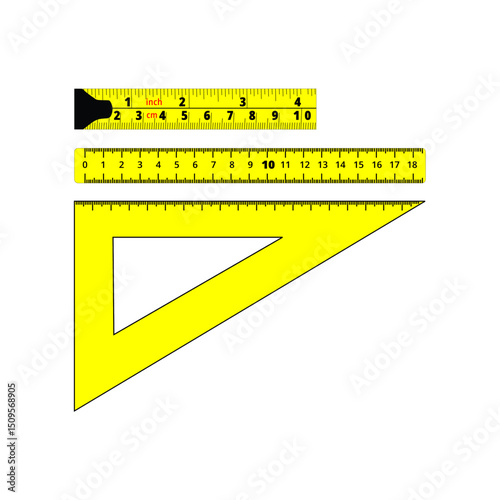 Collection of yellow measuring tools. Features a tape measure, straight ruler, and triangular set square. Ideal for education, construction, or design concepts.