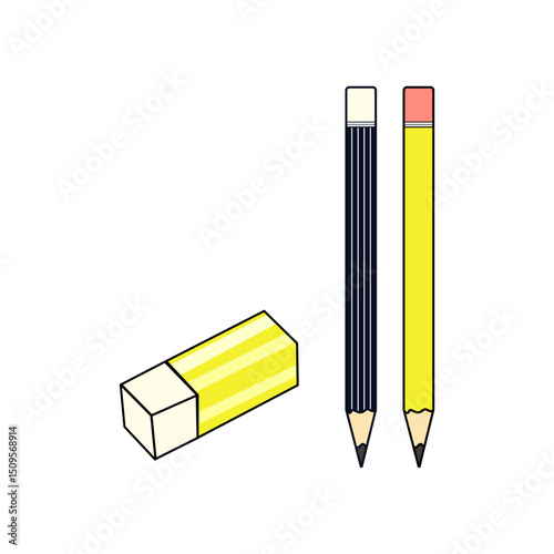 Essential writing tools. An illustration featuring a yellow block eraser, a classic yellow pencil, and a dark-colored pencil with a white eraser. Perfect for school themes.