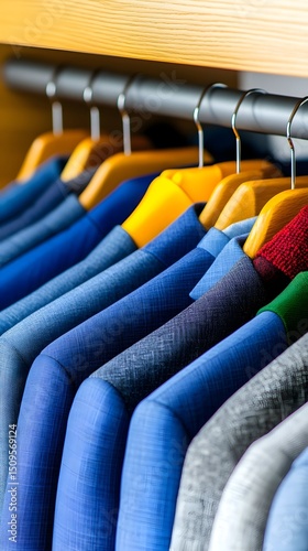 Neat row of men's jackets on wooden hangers, various shades of blue, gray, and a pop of yellow and red, hanging in a closet