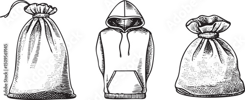Three simple drawstring bags and a hooded sweatshirt are displayed.