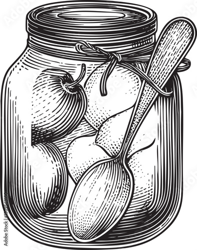 jar contains several preserved fruits and a wooden spoon.