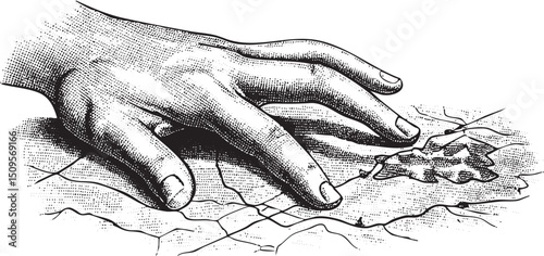 hand delicately reaches towards a scattering of small dark pebbles on textured ground.