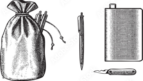 velvet drawstring bag contains a pen and a sharpener.