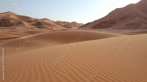 Picturesque view of dunes with uneven surface and sandy hills under light sky in desert