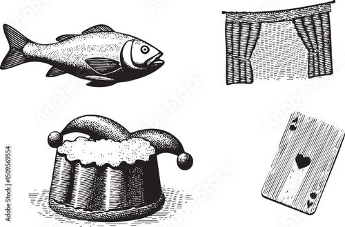 detailed black and white depicts a fish curtains beer mug and playing card.