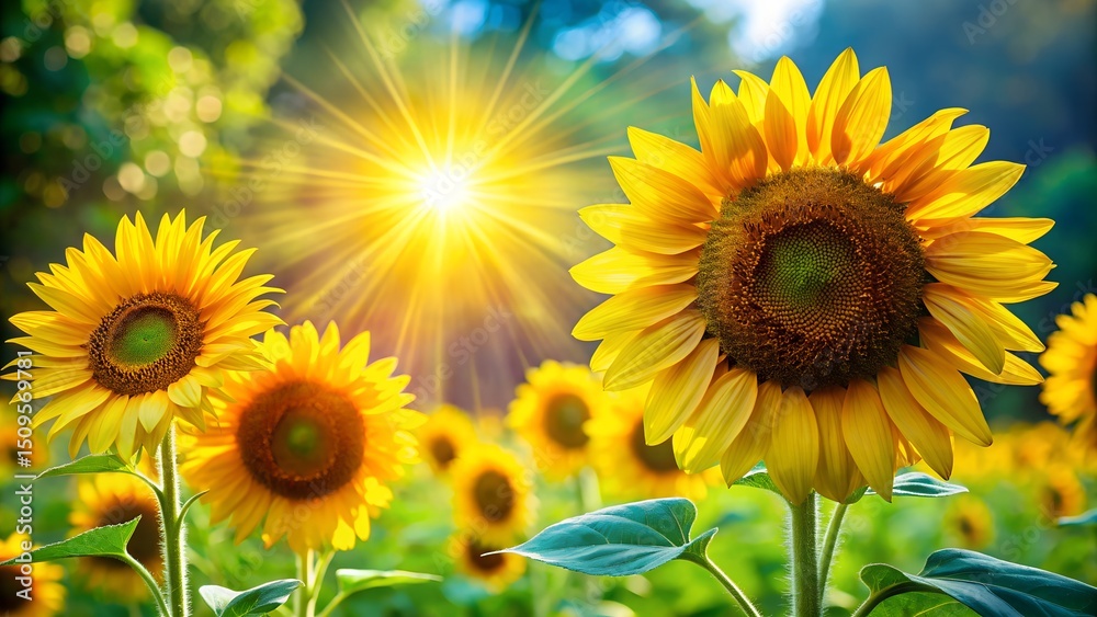 Obraz premium Bright sunflowers on the left against a vibrant green, sun-drenched background with lens flare.