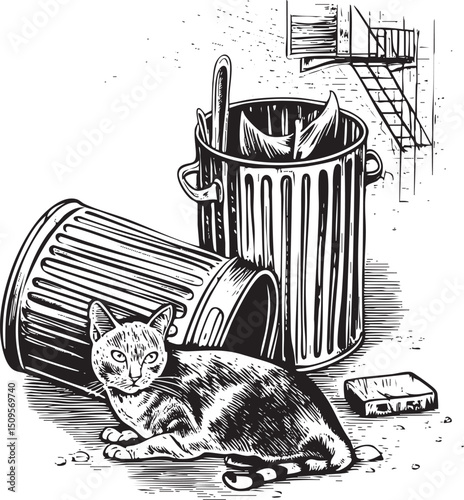 gray tabby cat rests calmly beside a large metal trash can.