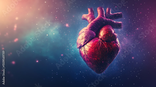 Anatomical Heart Floating in a Cosmic, Colorful Space Environment