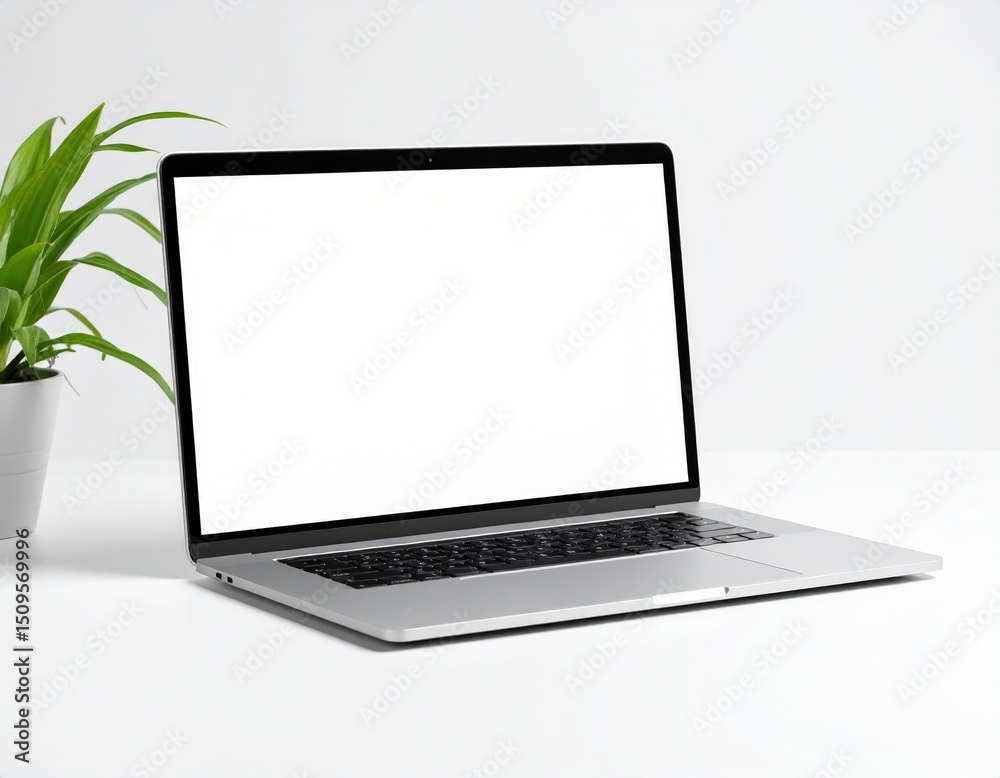 Fototapeta premium Sleek silver laptop with blank screen and green plant on white desk