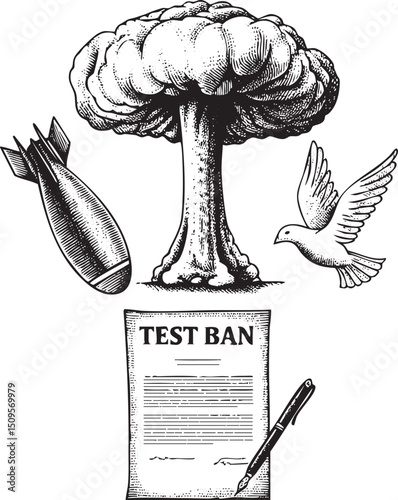 brain-shaped mushroom cloud rises above a document labeled 'Test Ban' accompanied by a bomb and a .