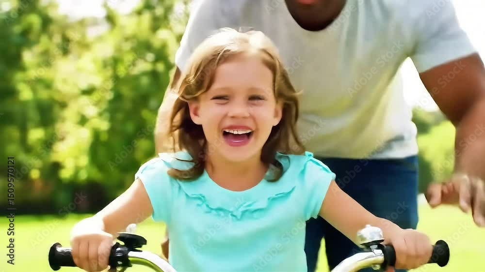 Little girl cycling in park with careful father who is teaching her to ride bicycle and is happy when she succeeds. Happy young family, fatherhood and childhood, active lifestyle
