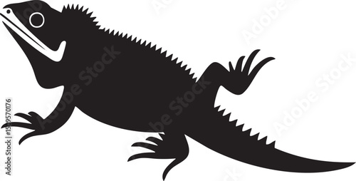 black silhouette of a lizard moves gracefully across a white surface.