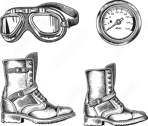 Vintage goggles and a compass rest on worn leather boots.