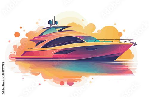 Vibrant luxury yacht sailing on a colorful sunset sea.