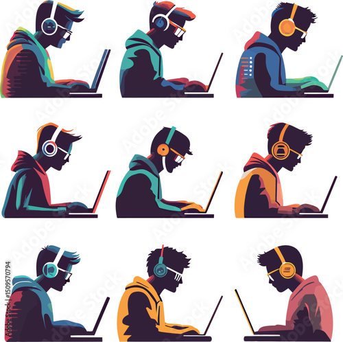 Trendy young individuals immersed in digital work, wearing vibrant headphones.