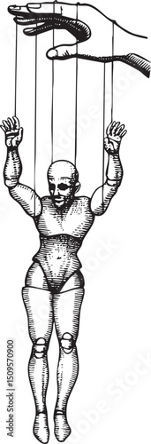 human figure hangs suspended by strings controlled by a hand.