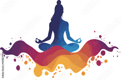 Silhouette of a meditating woman in vibrant colors, radiating tranquility and peace.
