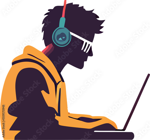 A young man with headphones focused on his laptop, immersed in gaming or music.