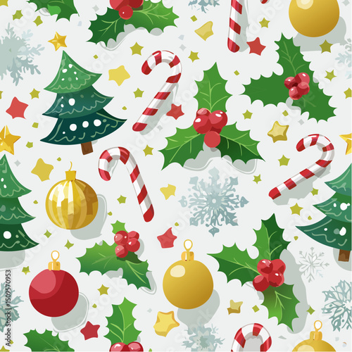 A cheerful Christmas pattern with classic festive icons, designed for wrapping paper and seasonal products.
