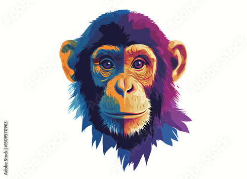 Colorful illustration of a chimpanzee with vibrant hues and detailed features.