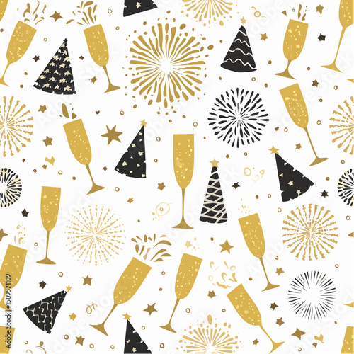 A dynamic New Year’s pattern filled with celebratory icons, ideal for party materials or digital backgrounds.