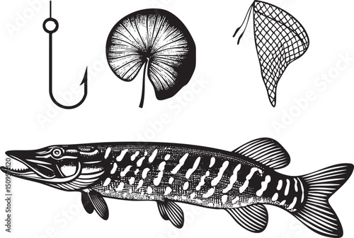 stylized black and white of a predatory fish with a hook and net.