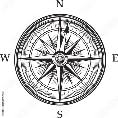 detailed black and white compass rose points towards North.