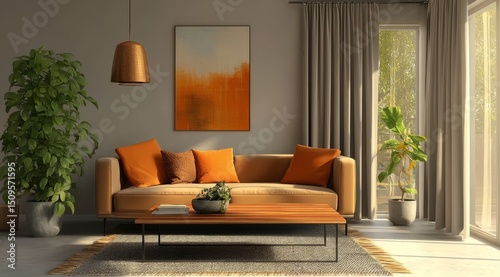 Modern Living Room with Orange Sofa and Green Plants