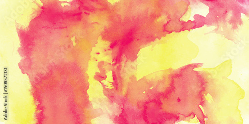 Watercolor background abstract art in vibrant yellow and pinkish-red with smooth blends and textural details for creative design projects.