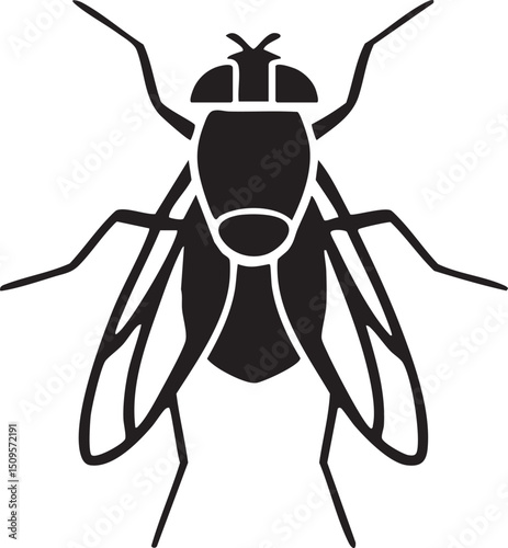 black fly is shown in a close-up silhouette against a white background.