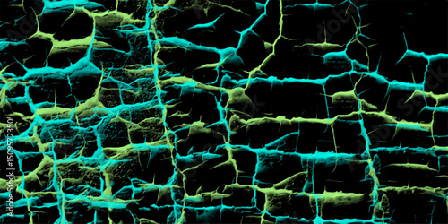 Abstract digital art representation of a cracked surface with vibrant teal and yellow tones over a dark background, textured and detailed.