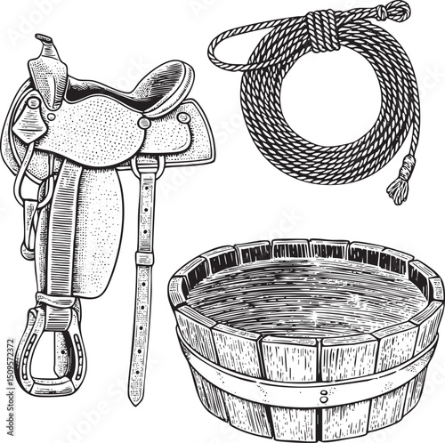 weathered saddle rests beside a coiled rope and a rustic wooden barrel.