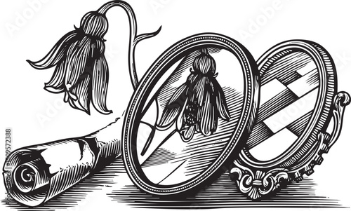 delicate bellflower reflects in an ornate antique mirror.