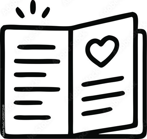 Black and white drawing of an open book with a heart; perfect for book lovers, literary events, romantic themes, and Valentines Day