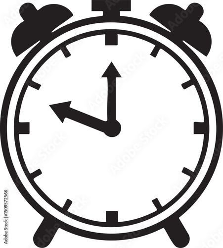 black alarm clock displays a clear upward-pointing hand on its circular face.