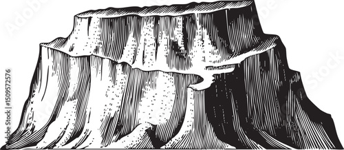 solitary textured rock formation rises dramatically from a vast expanse.