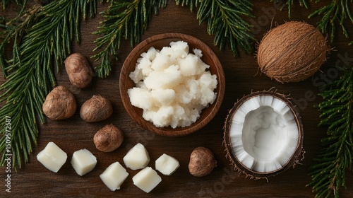 Wallpaper Mural Natural coconut and shea butter arrangement on wooden surface. Torontodigital.ca