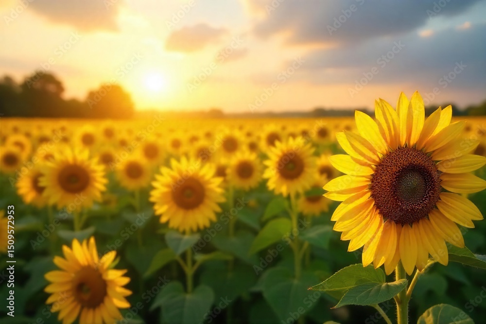Fototapeta premium Golden hour sunlight bathes a field of vibrant yellow sunflowers, creating a breathtaking scene of natural beauty and serenity Perfect for projects needing a cheerful, optimistic feel , calm, rise