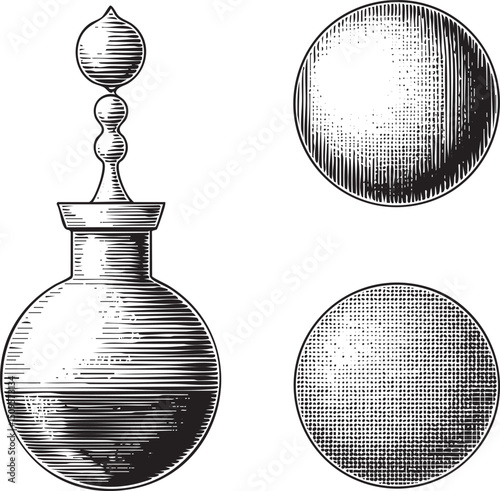 Four intricately engraved circular forms display varying textures and shading.
