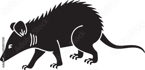solitary opossum cautiously walks across a white surface.