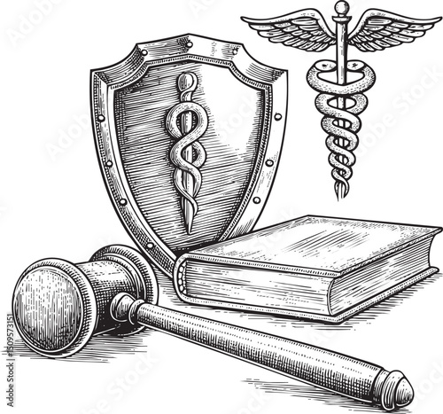 medical shield a caduceus symbol and a law book rest on a wooden surface.